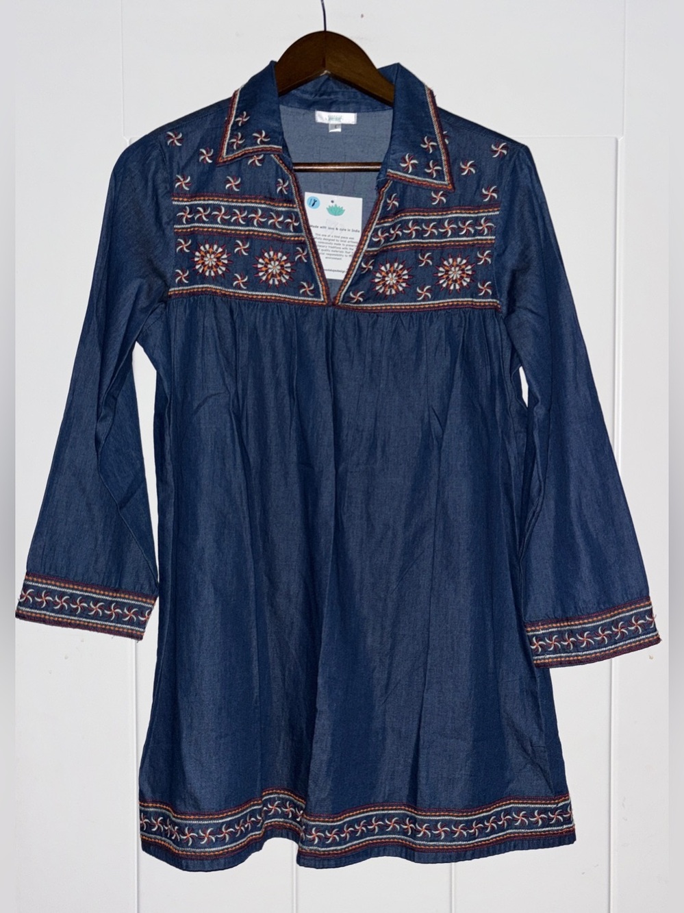 Guadalupe Design Elite Embroidered Chambray Denim Tunic Top Mini Dress NEW  L